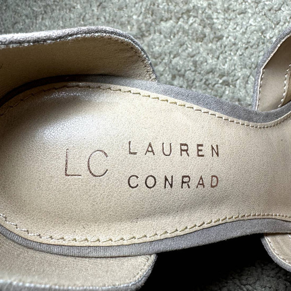 LC Lauren Conrad Cannoli Gold Snaps Peep Toe Ankle Strap Stiletto Pumps Taupe 7 - Picture 6 of 8